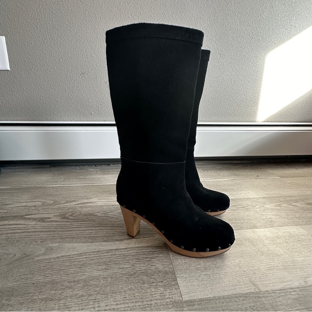Banana Republic Black Suede Wood Clog Knee High Boots 8